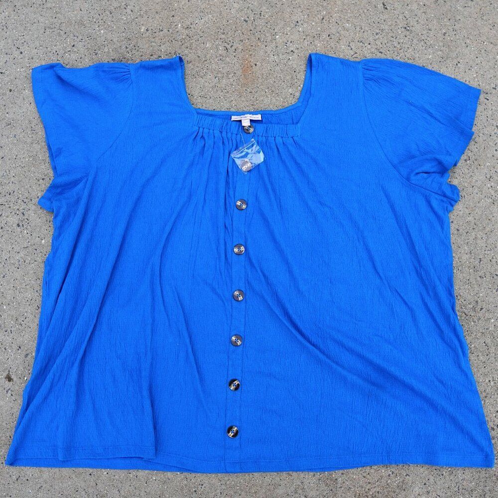 Woman Within 4X Royal Blue Button Front Square Neck Top NWOT Plus Size